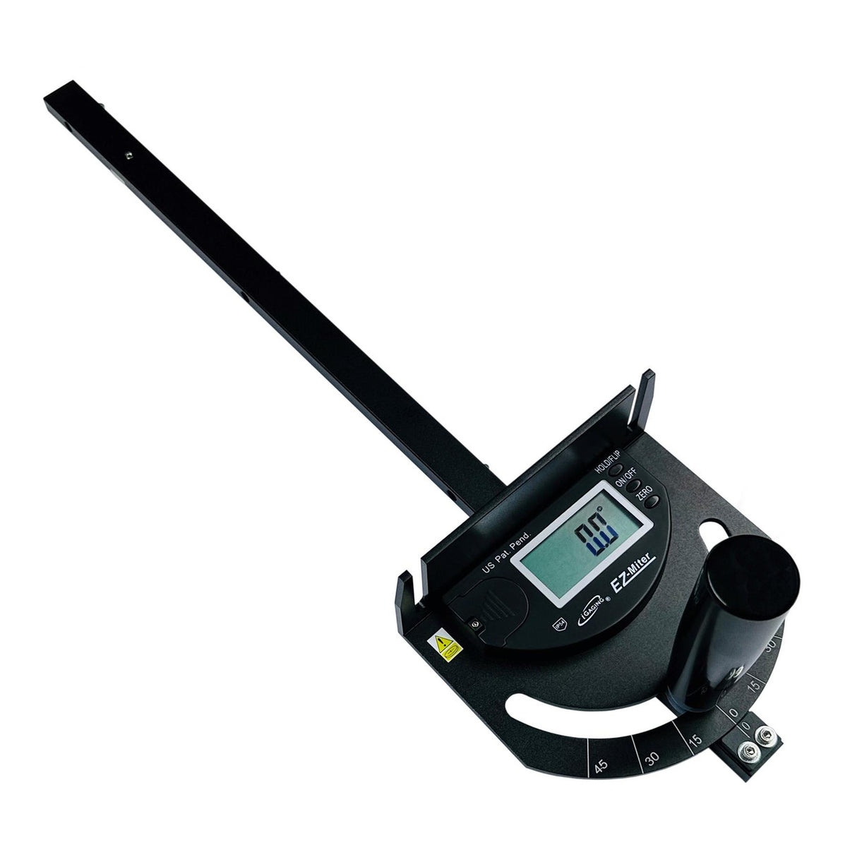 iGaging EZ Digital Mitre Gauge displaying precise angles on a wooden table saw fence
