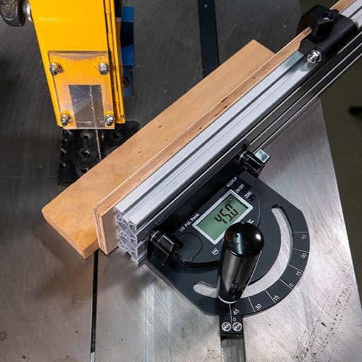 iGaging EZ Digital Mitre Gauge with Fence, clear digital display showing angles, woodworking tool