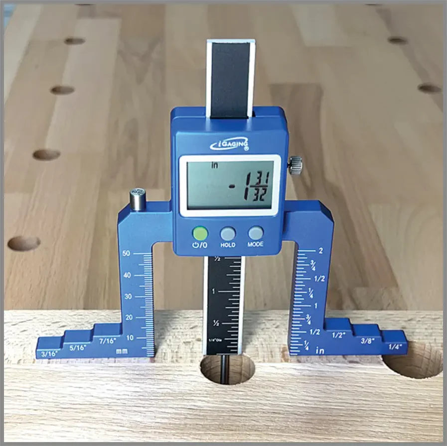 iGaging EZ-Read Router & Saw Gauge 2in Measuring Depth Tool - Top view showing digital display & measurement accuracy