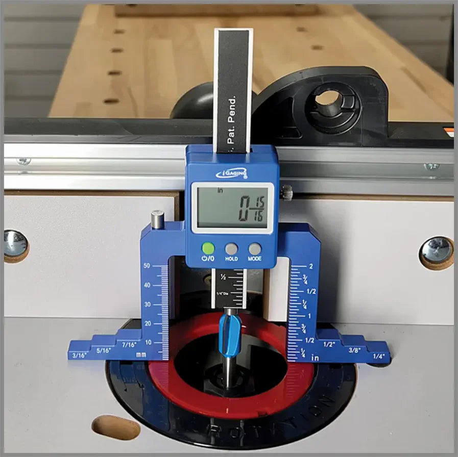 iGaging EZ-Read Digital Router & Saw Gauge displaying 2in measuring capacity, perfect for precise woodworking setups