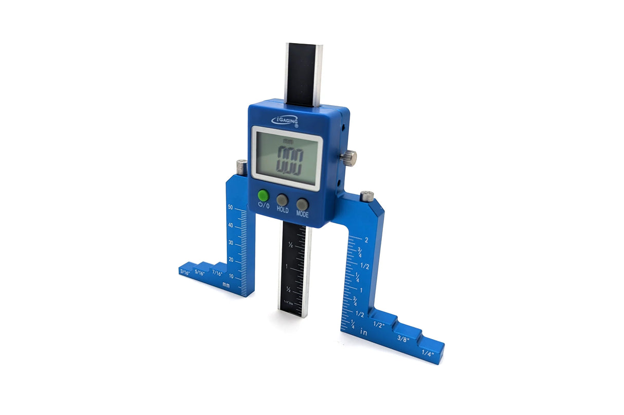 iGaging EZ-Read Digital Router & Saw Gauge in use on table saw, precise measurements for woodworking