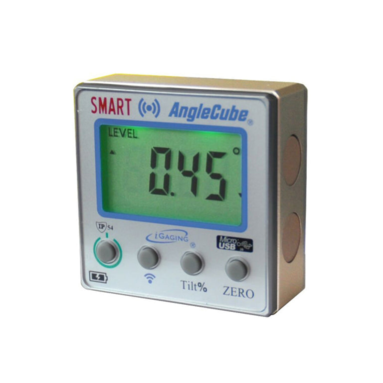 iGaging AngleCube Wireless Digital Bevel Gauge Protractor Level with Magnetic Base - Angled view showcasing compact design