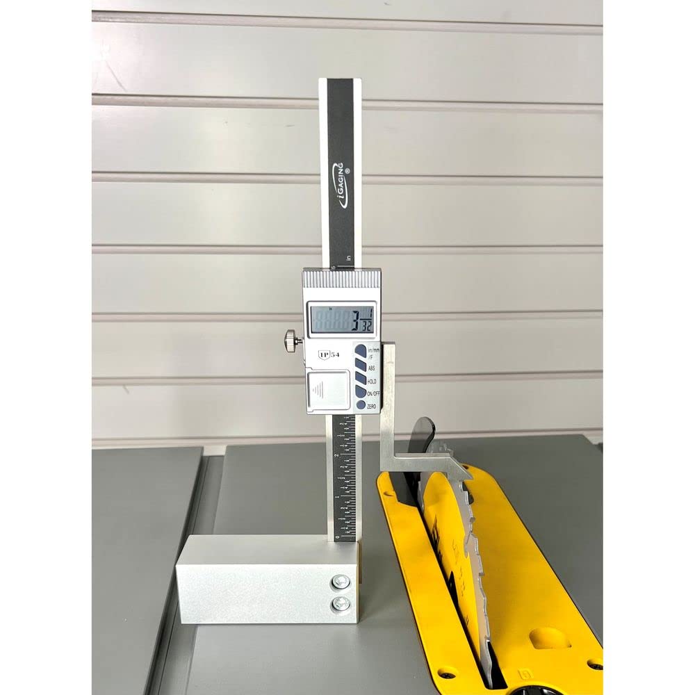 Adjustable blade digital height gauge for woodworking, angled view