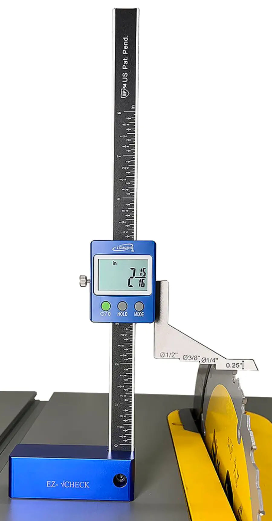 Digital height gauge with centreline offsets for router bits, ideal for precise woodworking measurements