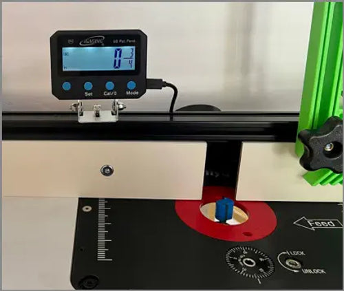 iGaging Router Table & Planer DRO Kit displaying precise metric and imperial measurements