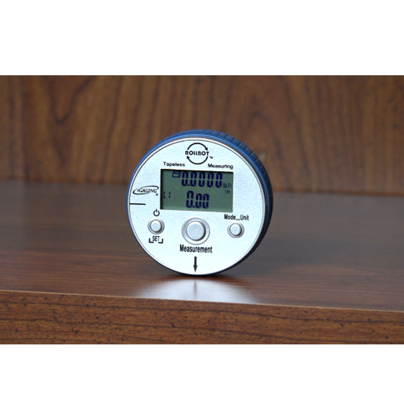iGaging RollBot digital tape measure displaying area and cubic calculations feature
