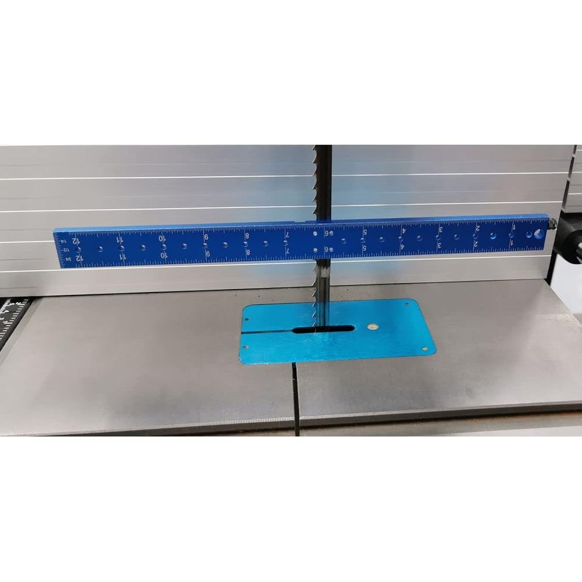 iGaging 3-in-1 Bandsaw Companion Alignment & Setup Tool 300mm with Sliding Stop, product in use for bandsaw alignment and setup