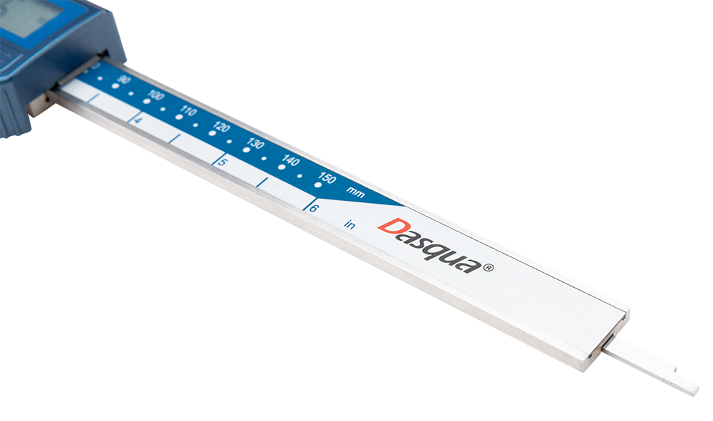Dasqua Digital Vernier Caliper in a protective case, displaying metric and imperial measurements