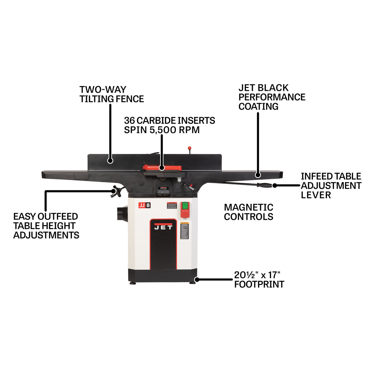 JET Tools 8in Black Jointer with Cabinet Stand Helical Cutterhead