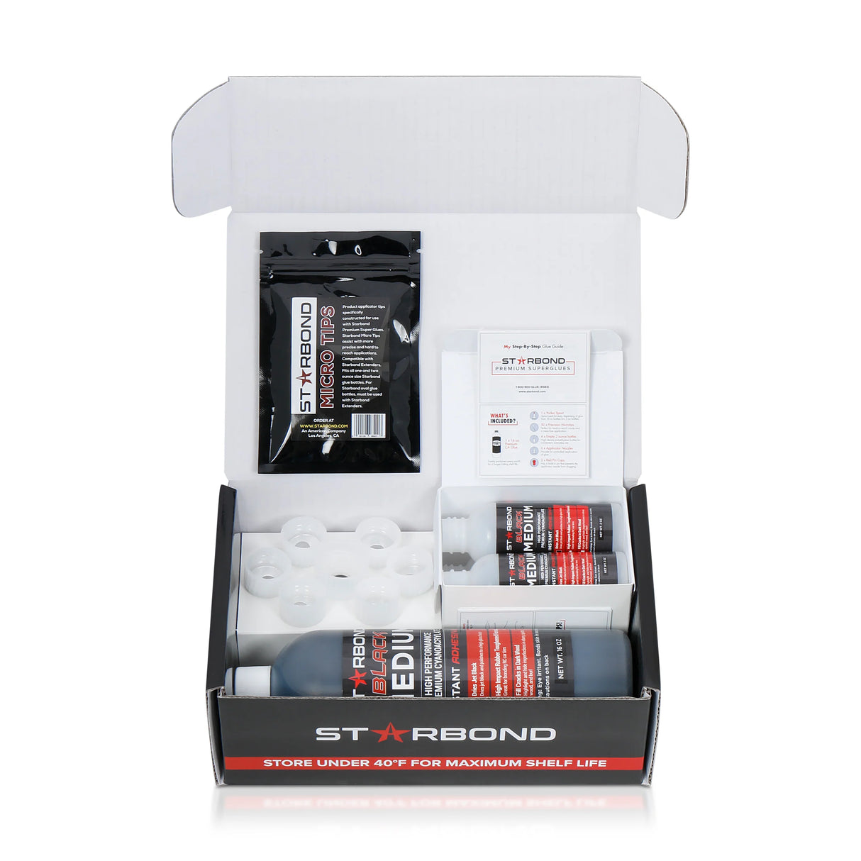 Starbond Black Medium CA Super Glue on workbench with dark wood project