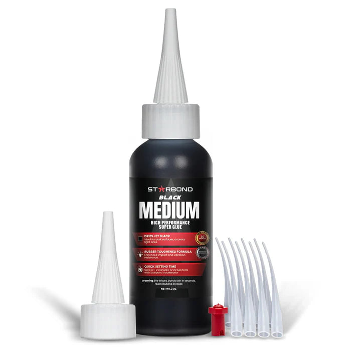 Starbond Black Medium CA Super Glue for dark finishes, rubber-toughened adhesive for precise bonding and bold accents
