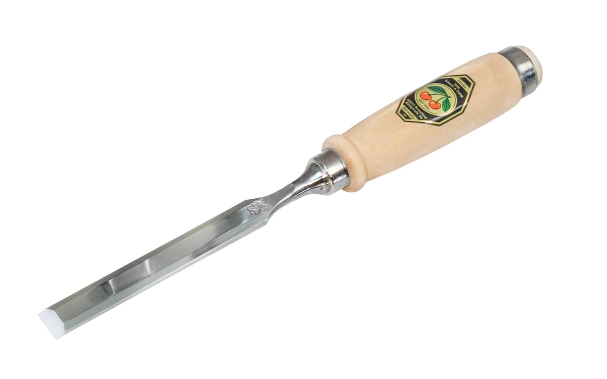 Kirschen Two Cherries 14mm Firmer chisel with a wooden handle on a white background
