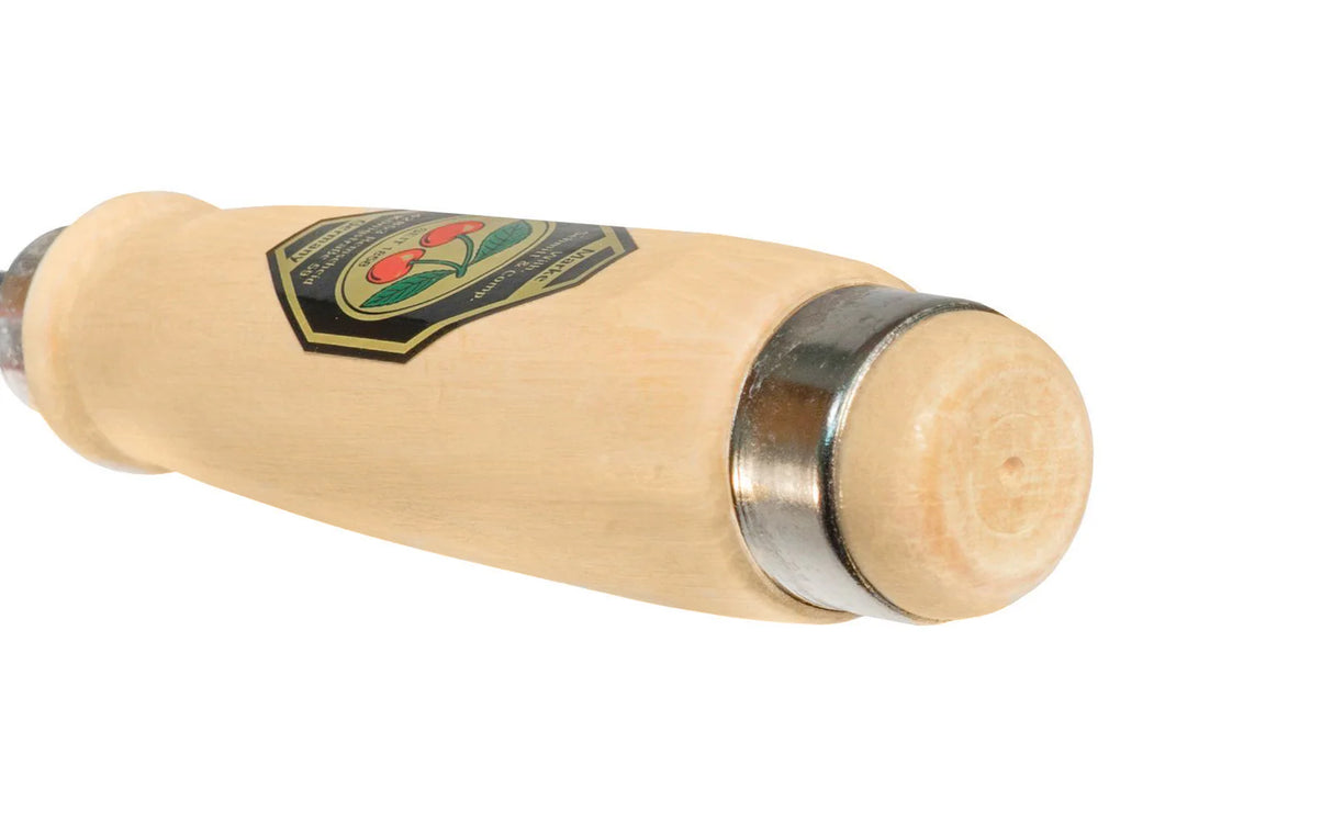 Wooden handle with metal ferrule and logo on a white background