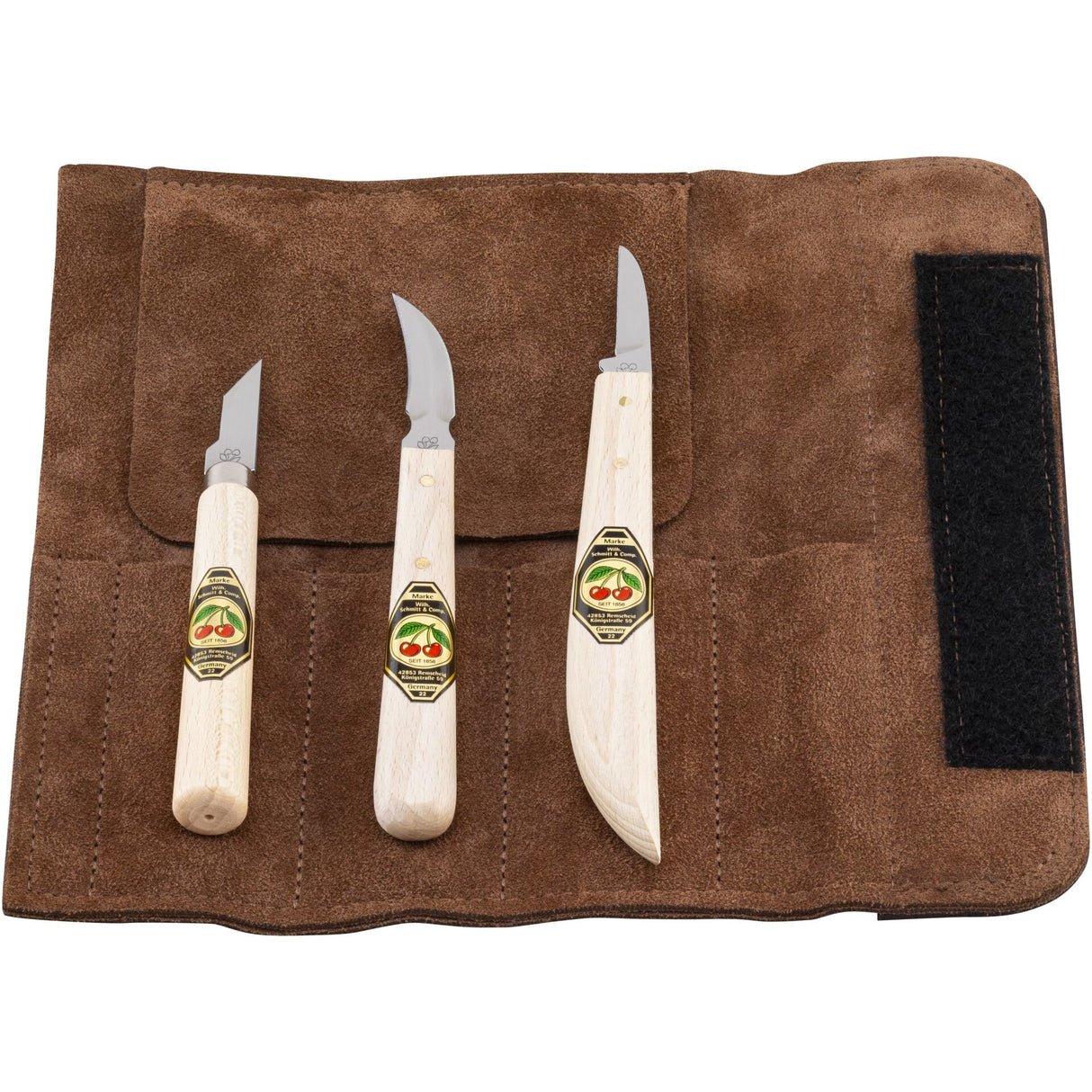 Three carving knives with wooden handles on a brown leather case.