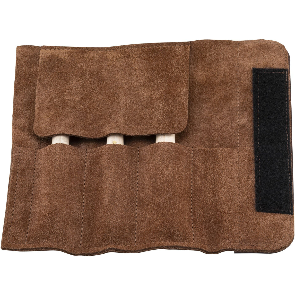 Three carving knives with wooden handles in a brown leather case.