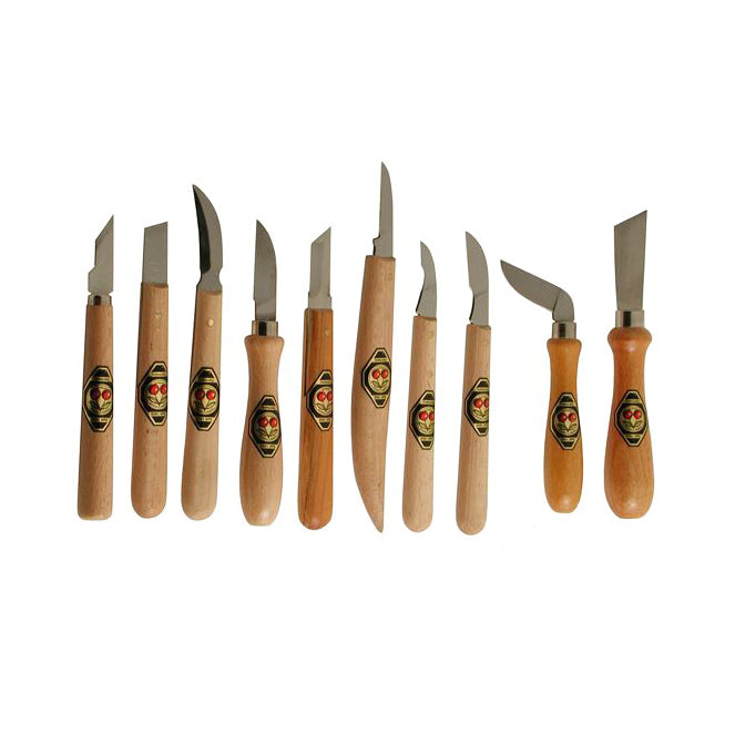 Set of ten wood carving knives with wooden handles on a white background