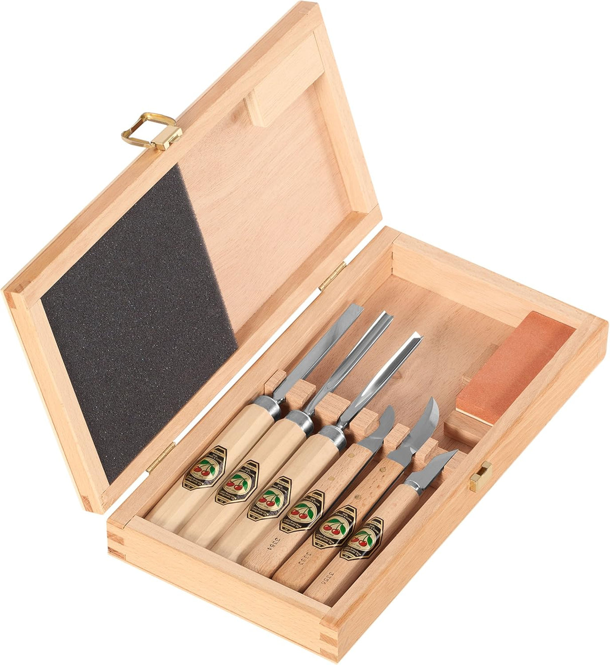 Set of six wooden carving tools and sharpening stone with branded labels in a wooden case.
