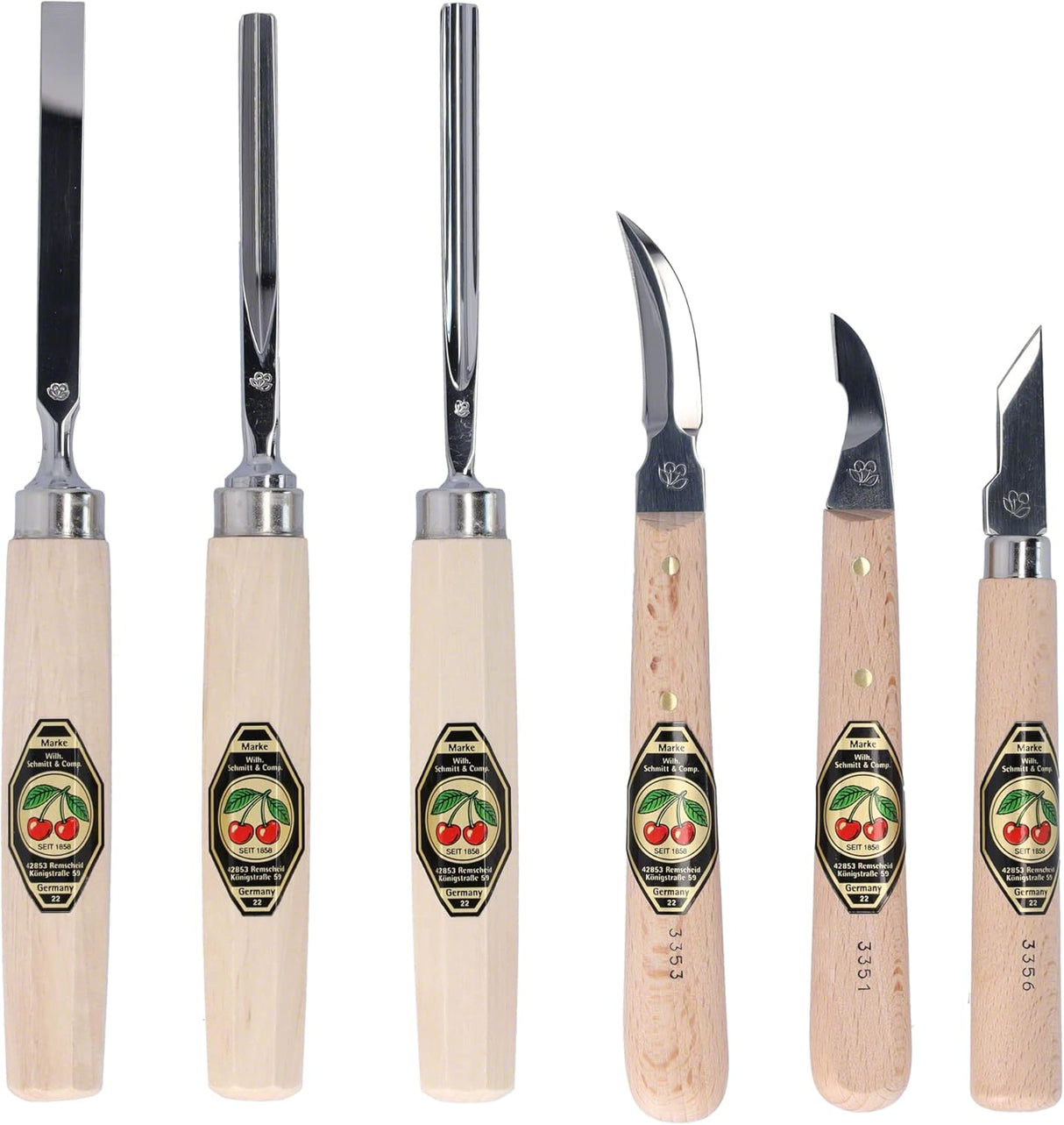 Set of six wood carving tools with wooden handles and metal blades on a white background.