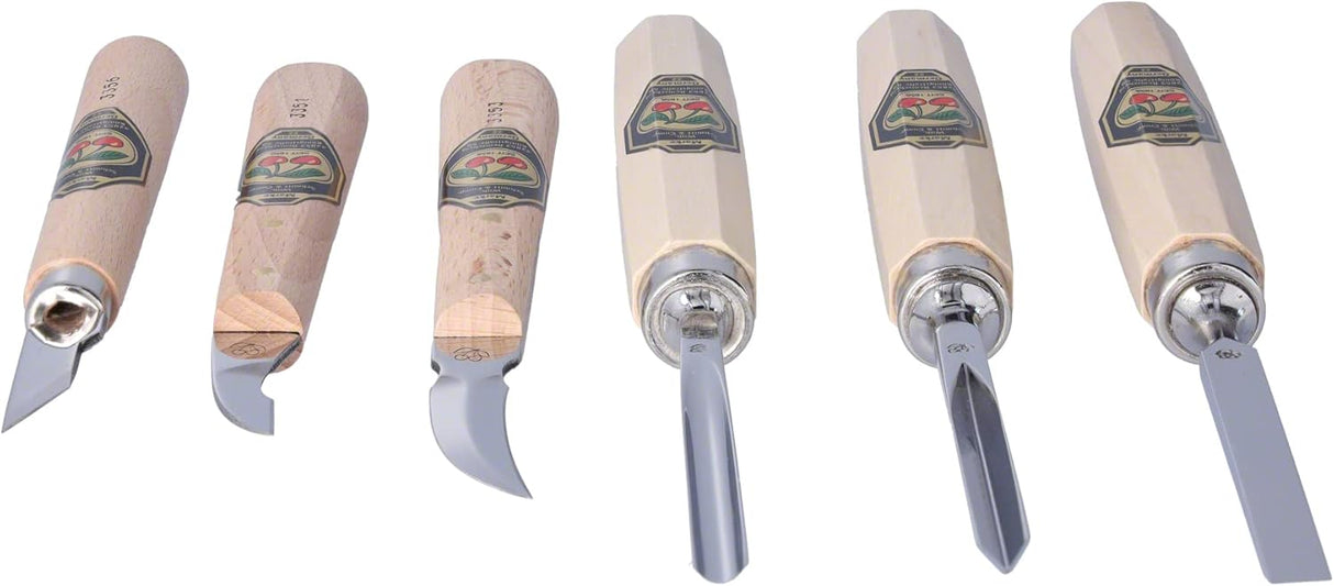 Set of six wood carving tools with wooden handles on a white background