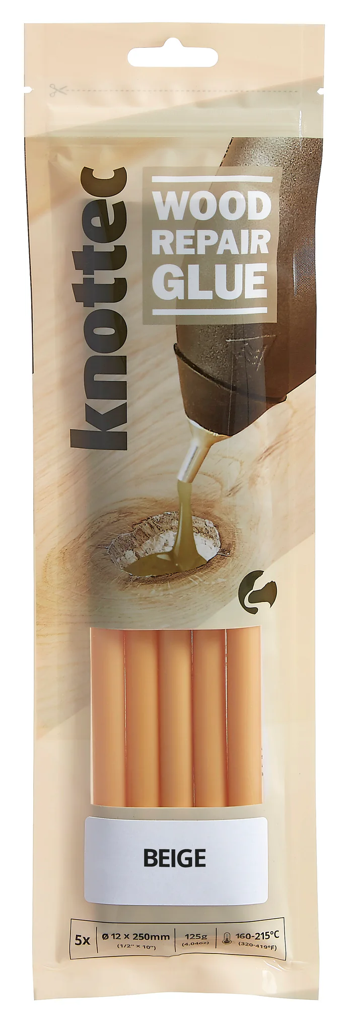 Power Adhesives Knottec Wood Knot Filler Glue Stick 12mm Beige Pack of 5 - Close-up view of knot-filling adhesive application