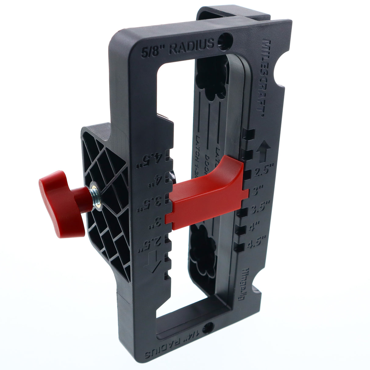 Milescraft HingeJig Self-Clamping Door Hinge & Latch Router Jig in use on wooden door