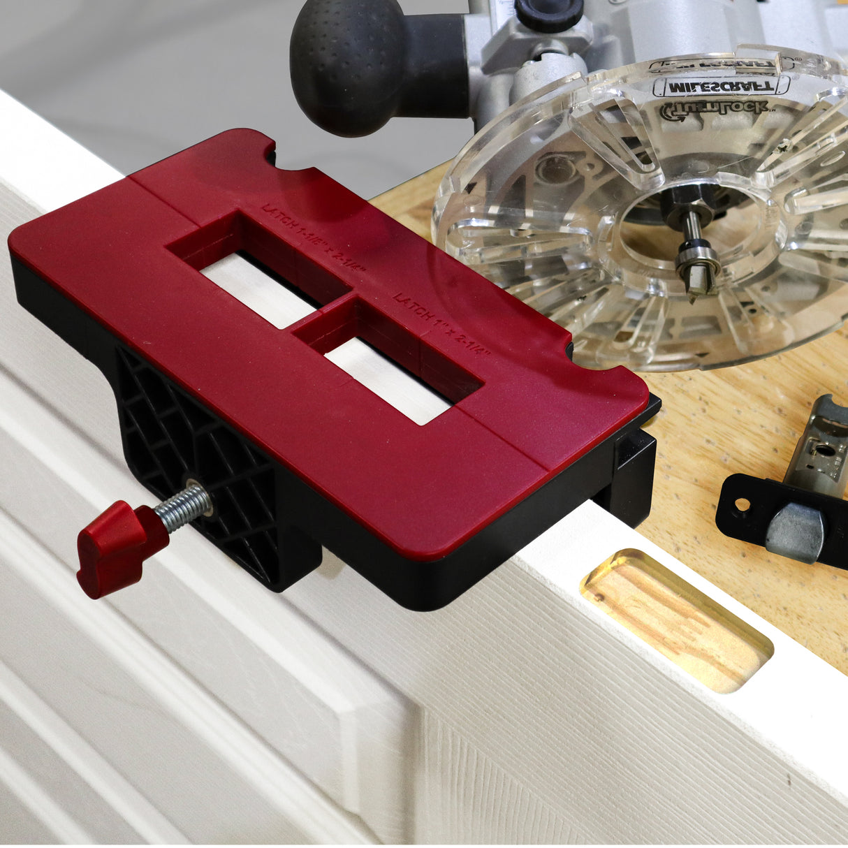 Milescraft HingeJig router jig in use for precise door hinge installation