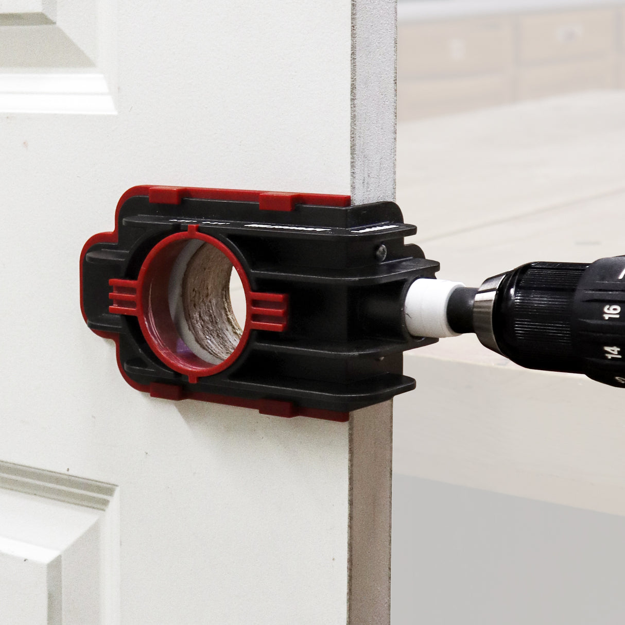 Milescraft LockMate Lock & Knob Installation Jig in use for precise door hardware installation