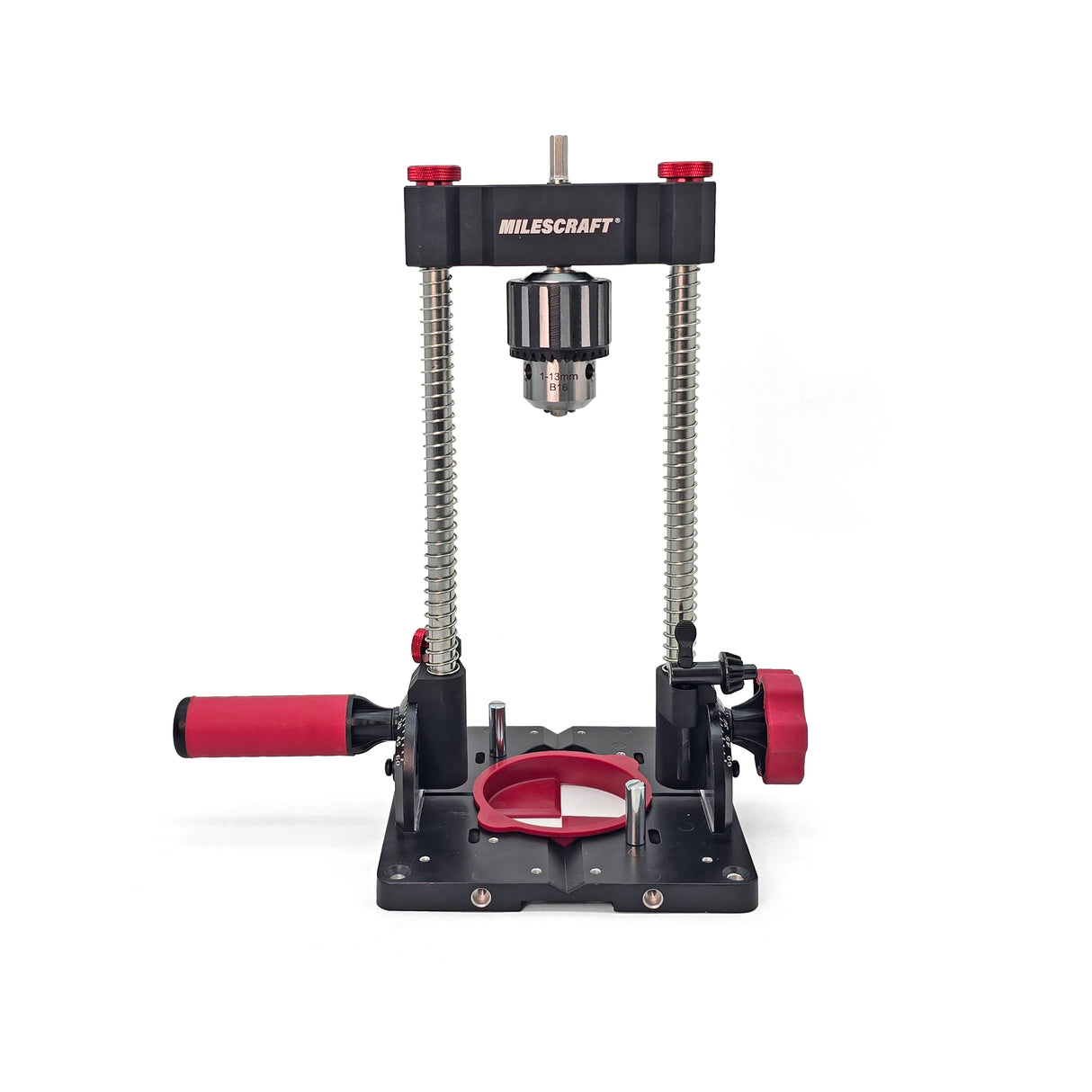 Milescraft DrillMatePRO portable drill guide in use on a wooden surface