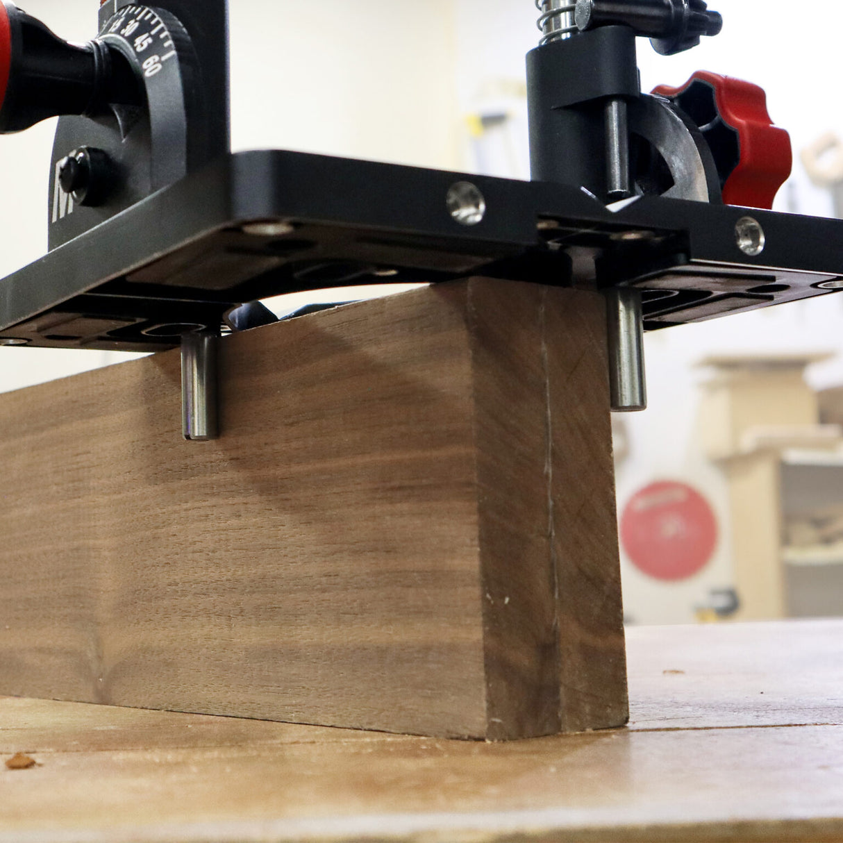 Milescraft DrillMatePRO and DrillFence edge guide bundle in action, ensuring precise and repeatable angled drilling