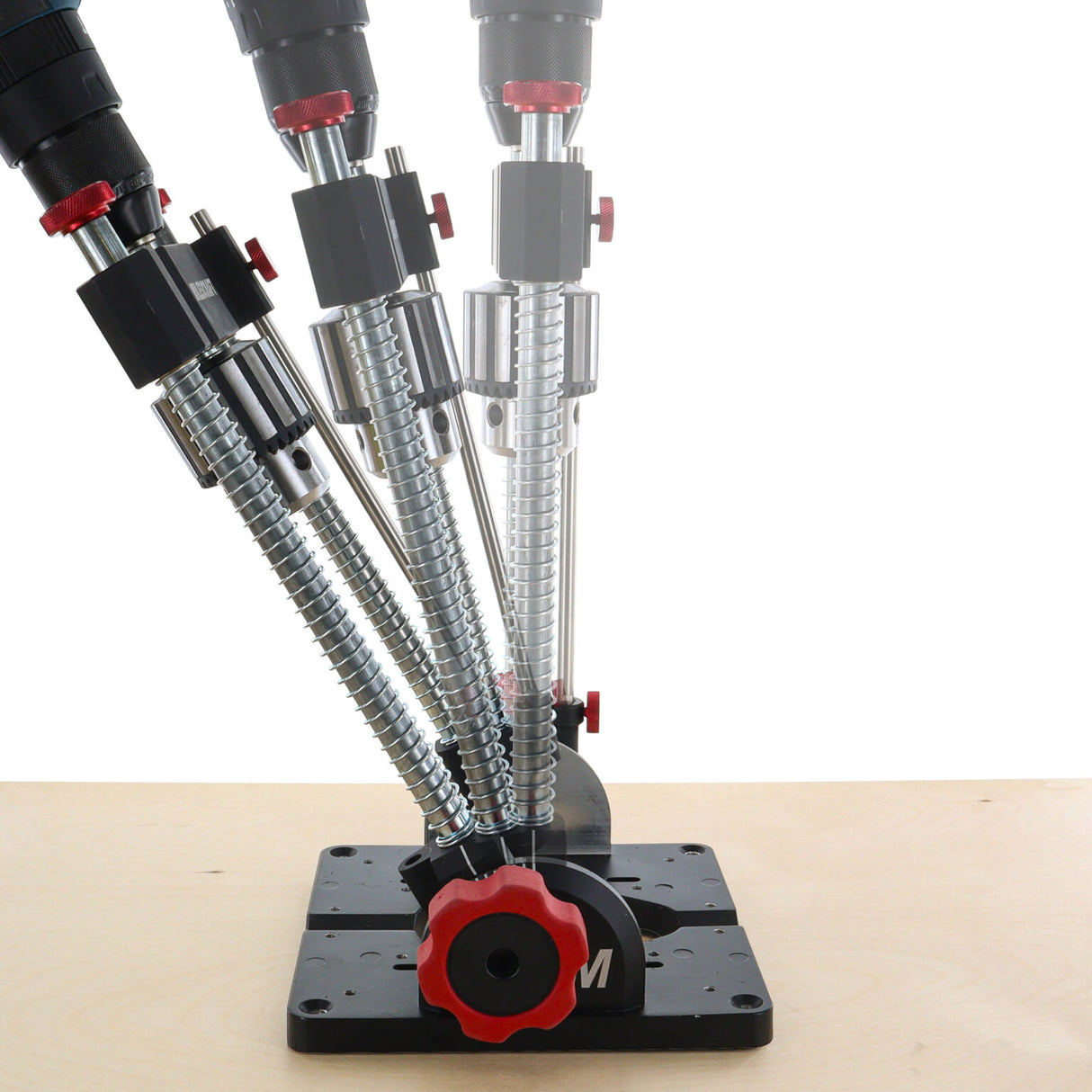 Milescraft DrillMatePRO & DrillFence bundle showing angle adjustment and stability handles