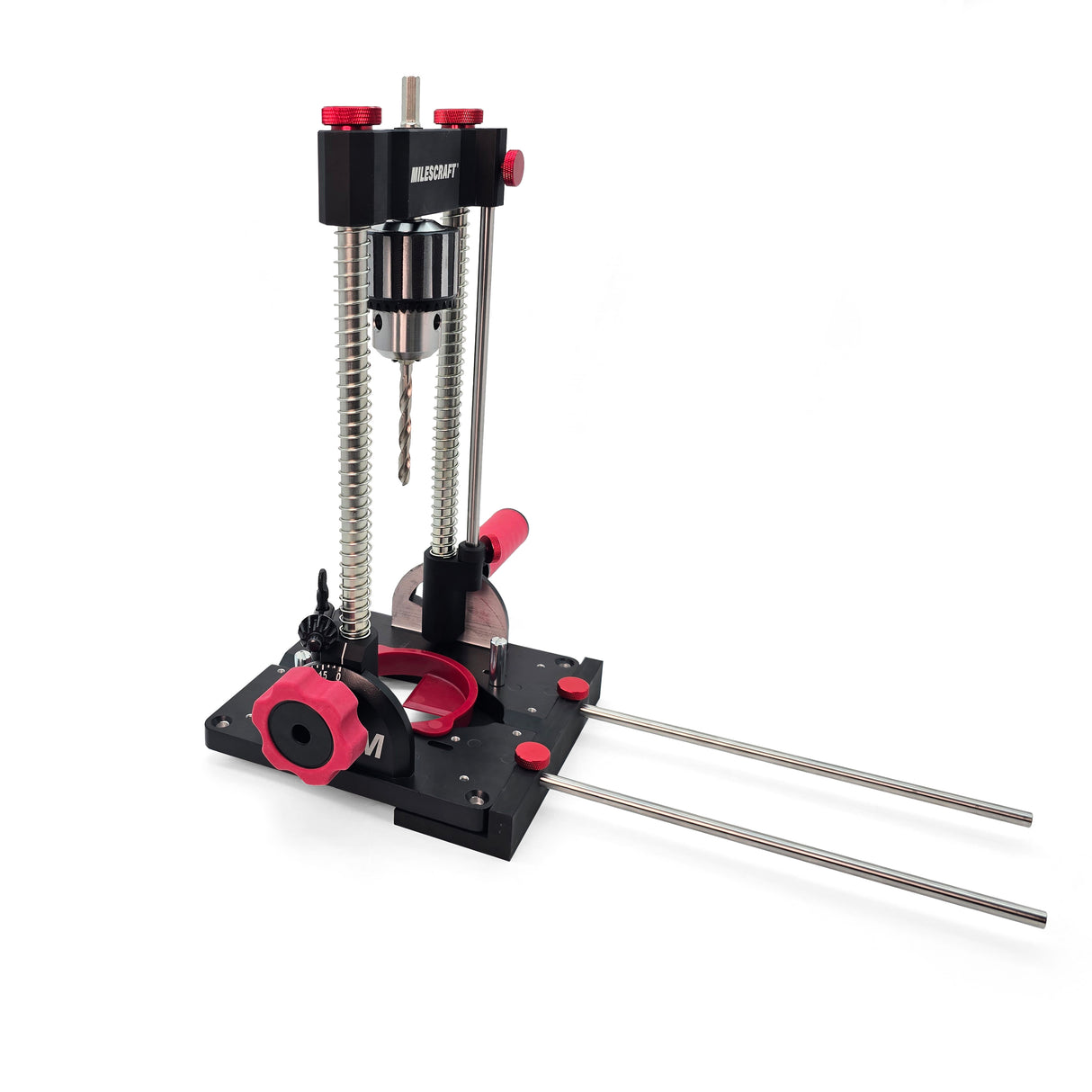 Milescraft DrillMatePRO and DrillFence Edge Guide Bundle angled view with stability handles and alignment configuration