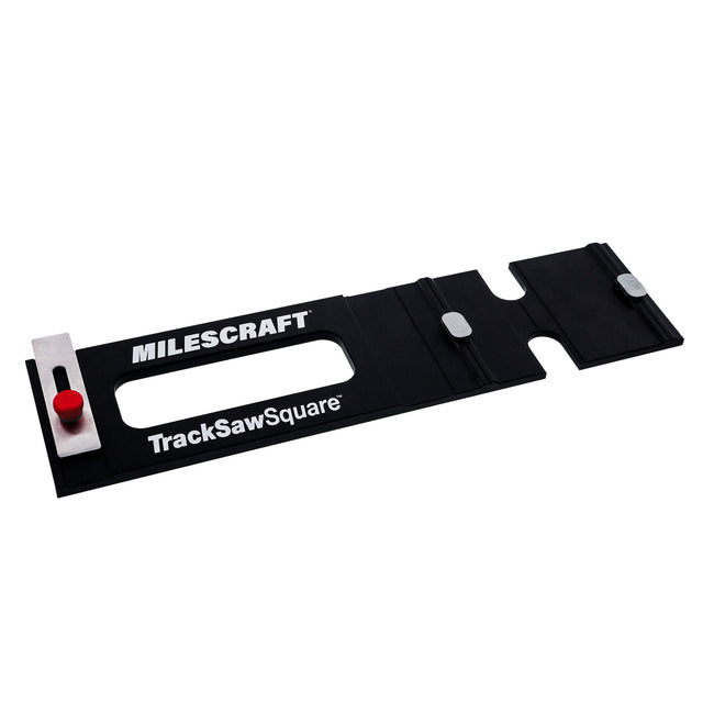 Milescraft TrackSawSquare attached to guide rail for precise 90° cuts