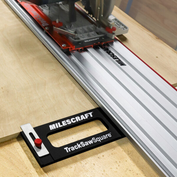 Milescraft Track Saw Guide Bundle with Extension Rail Kit and TrackSawSquare in action for precise cuts