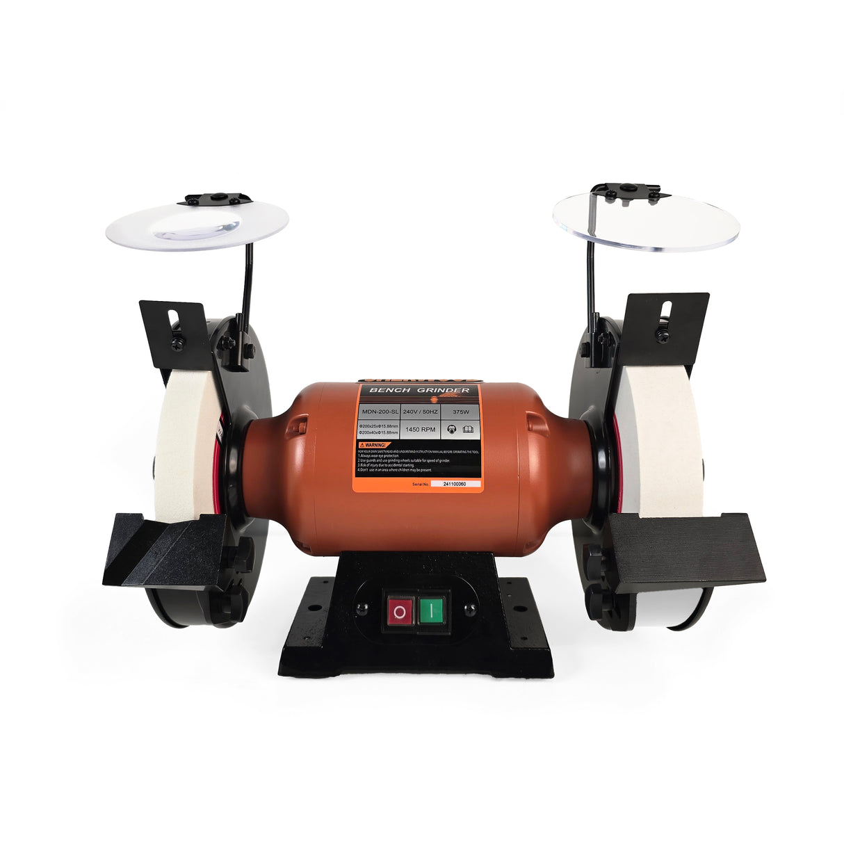 Sherwood 8in Slow Speed Bench Grinder 1400RPM 1/2HP Motor, angled view showing durable construction and heat-reducing design