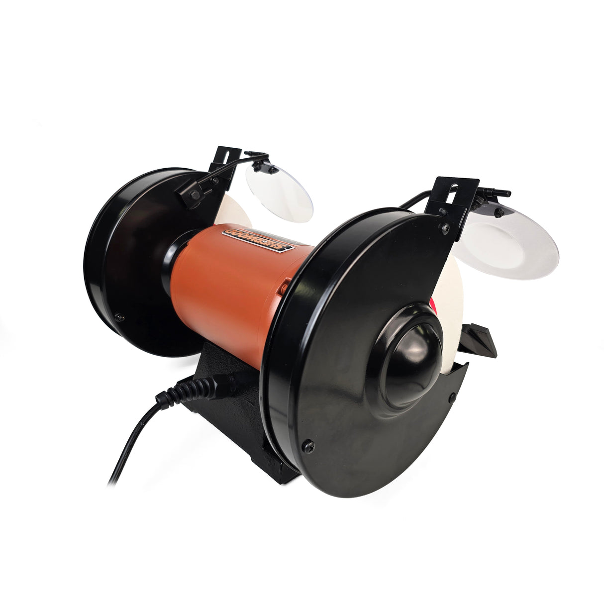 Sherwood 8in Slow Speed Bench Grinder 1400RPM 1/2HP Motor, side view showcasing heat reduction design