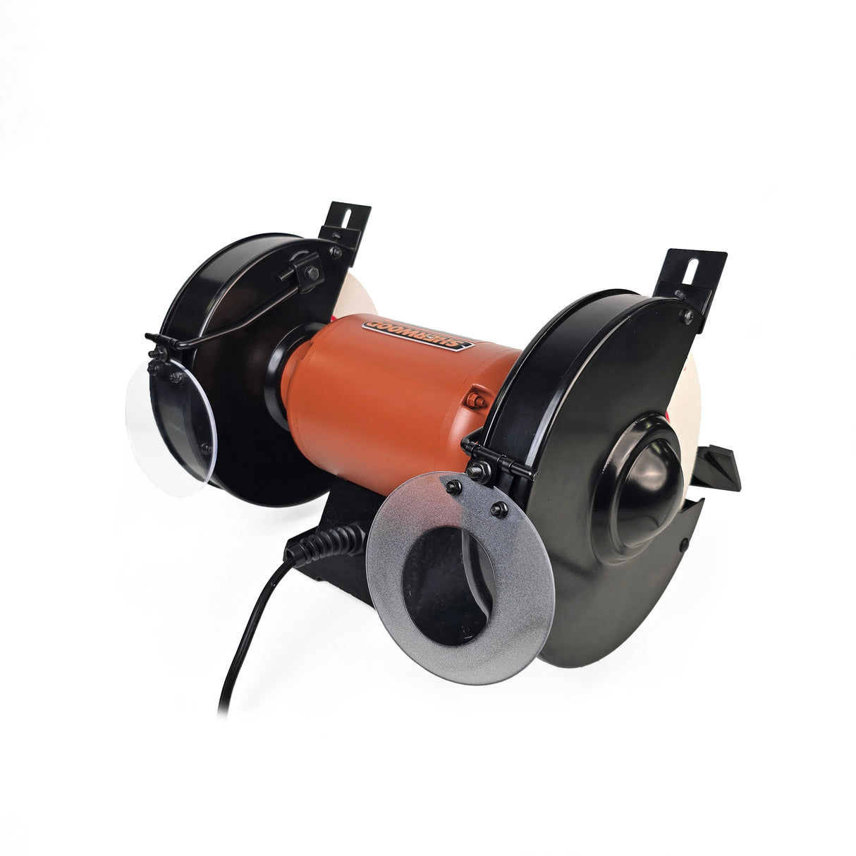 Sherwood 8in Slow Speed Bench Grinder 1400RPM 1/2HP Motor, angled view showing the tool steel sharpening process