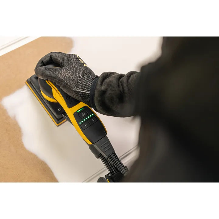 Mirka DEOS II Orbital Sander 81 x 133mm 3.0mm Orbit 353CV in action on wood surface