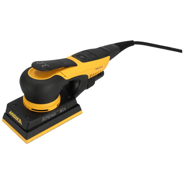 Mirka DEOS II 353CV electric orbital sander in action for woodworking and painting tasks