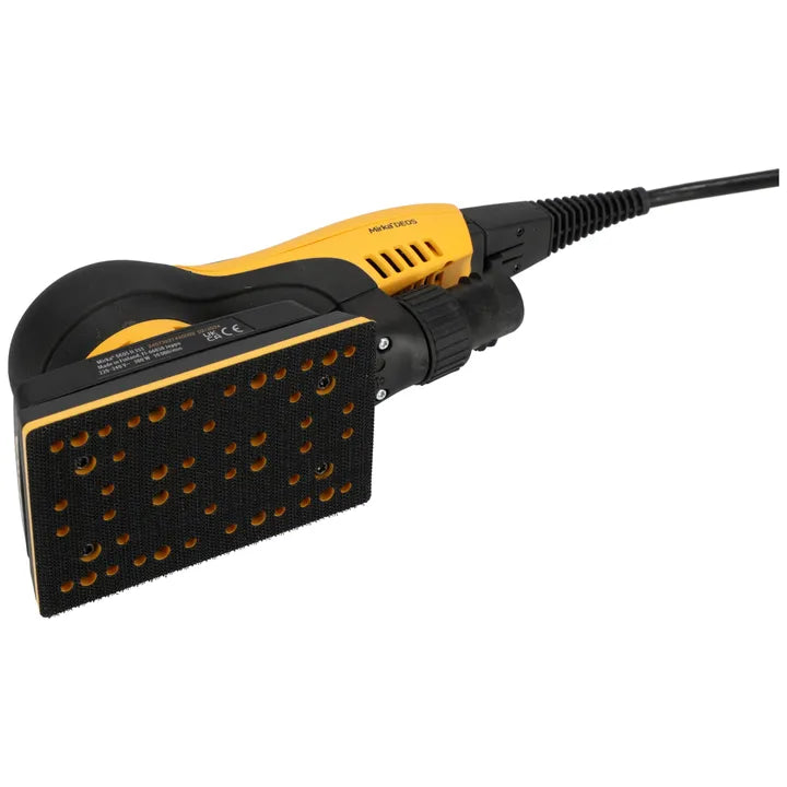 Mirka DEOS II 353CV orbital sander in action on wood surface, ideal for woodworking and painting projects