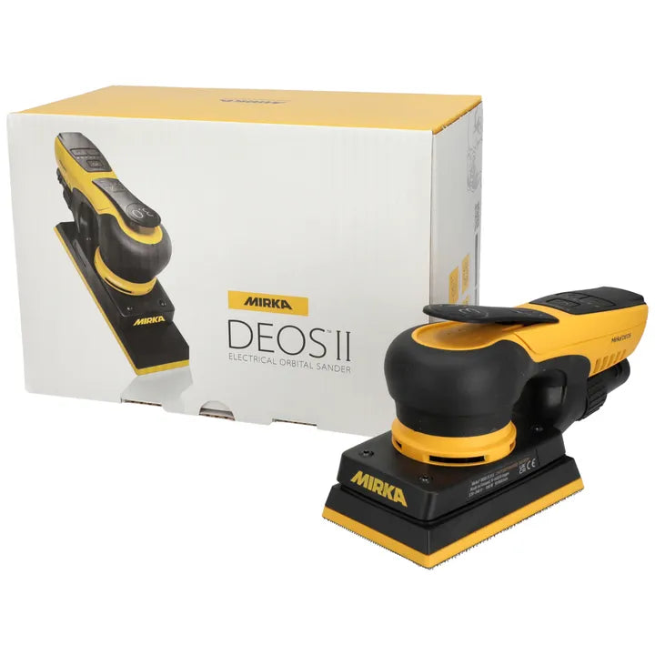 Mirka DEOS II 353CV Orbital Sander in action on woodworking project