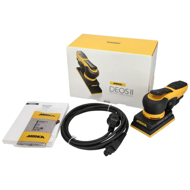 Mirka DEOS II 353CV orbital sander in action, ideal for woodworking and painting projects