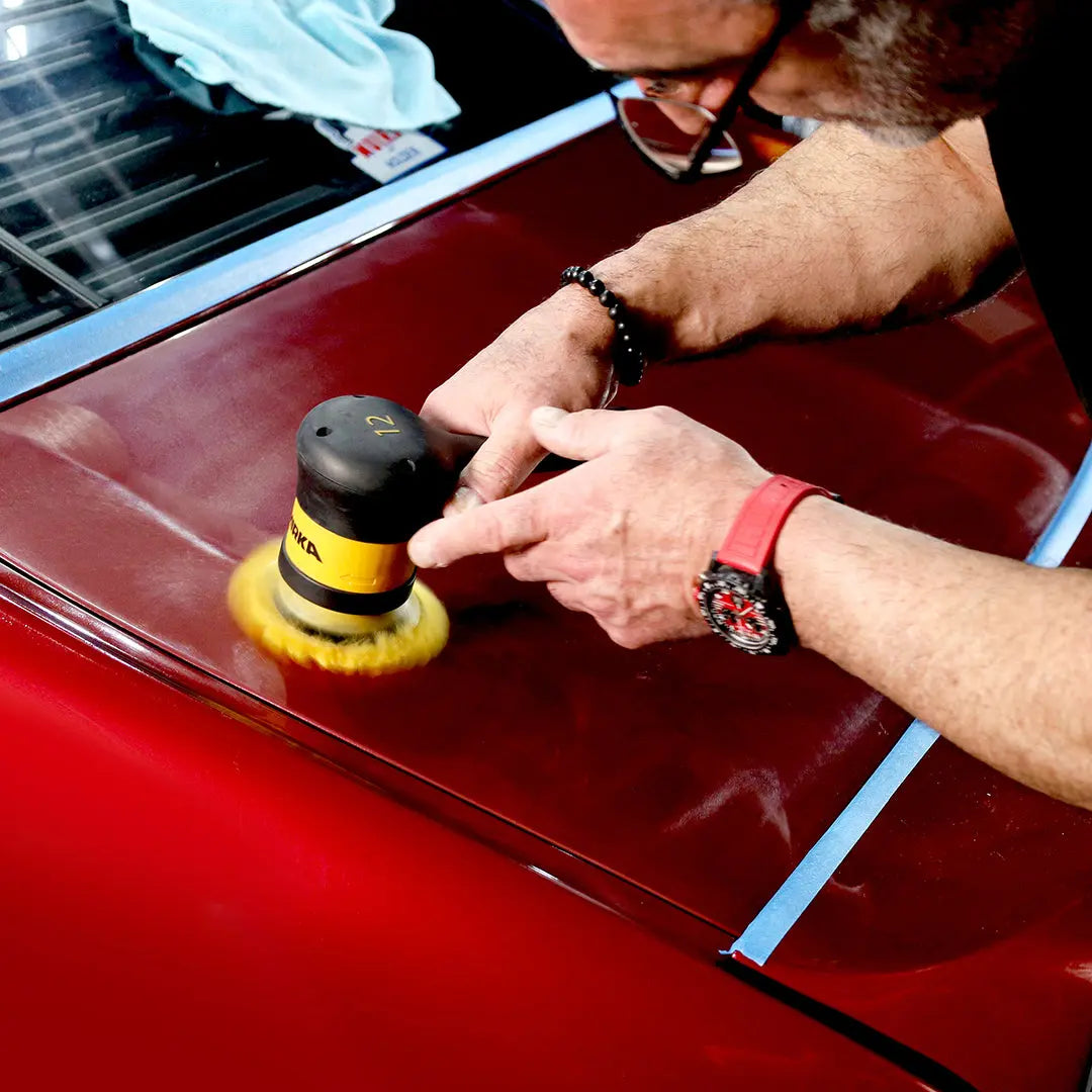 Mirka AROP-B Cordless Polisher in action on wooden surface