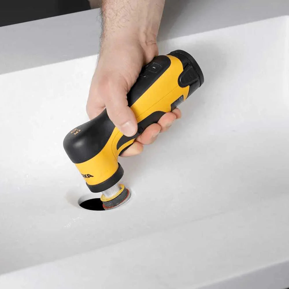 Mirka cordless orbital sander in action with 32mm sanding pad