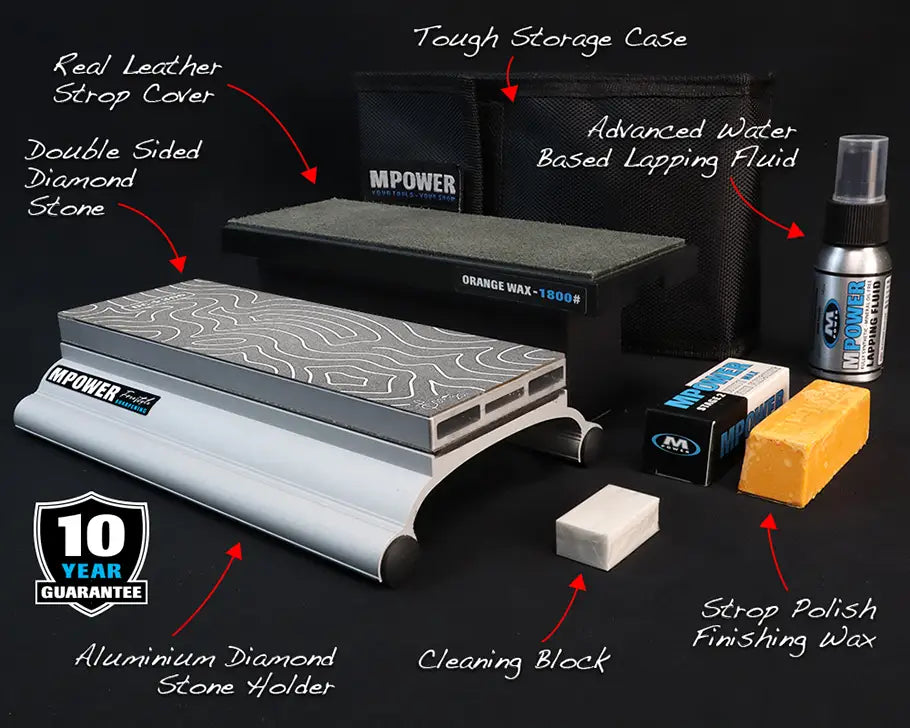 MPOWER SB1 600/1200 Grit Sharpening Stone - Close-up of double-sided diamond whetstone in use