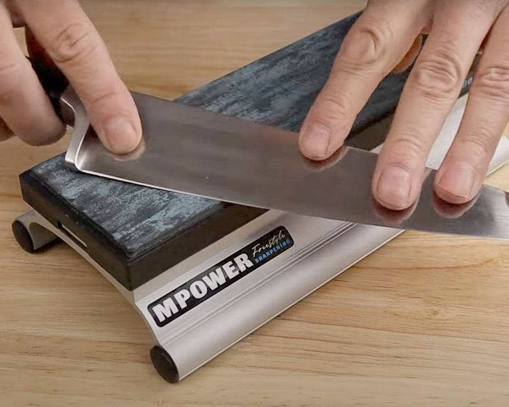 MPOWER SB1 600/1200 Grit Sharpening Stone Set 8in Double Sided Diamond Whetstone in use on woodworking tools