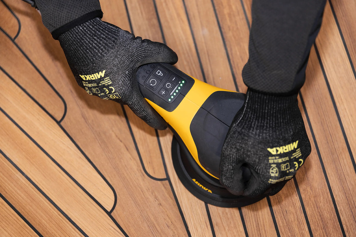 Mirka DEROS RS 600 150mm Rotary Sander in Case - angled view with accessories