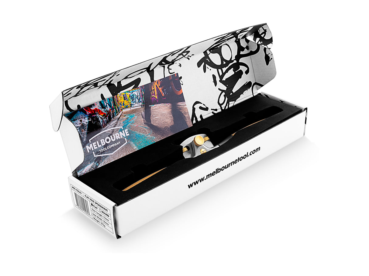 Melbourne Tool Company Flat Sole Spokeshave with Ergonomic Handles - High-speed steel blade angle view