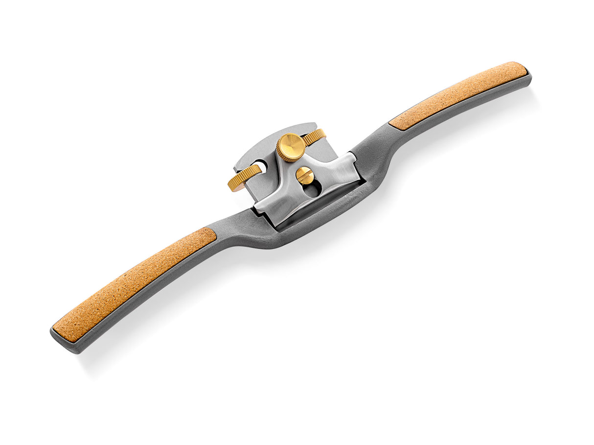 Melbourne Tool Company Round Sole Spokeshave with Ergonomic Handles and HSS Blade in action on wood surface