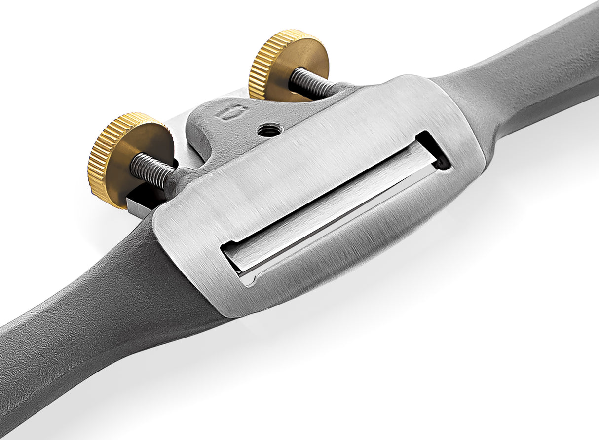 Melbourne Tool Company Round Sole Spokeshave with Ergonomic Handles - High-Speed Steel Blade in action smoothing wood surface