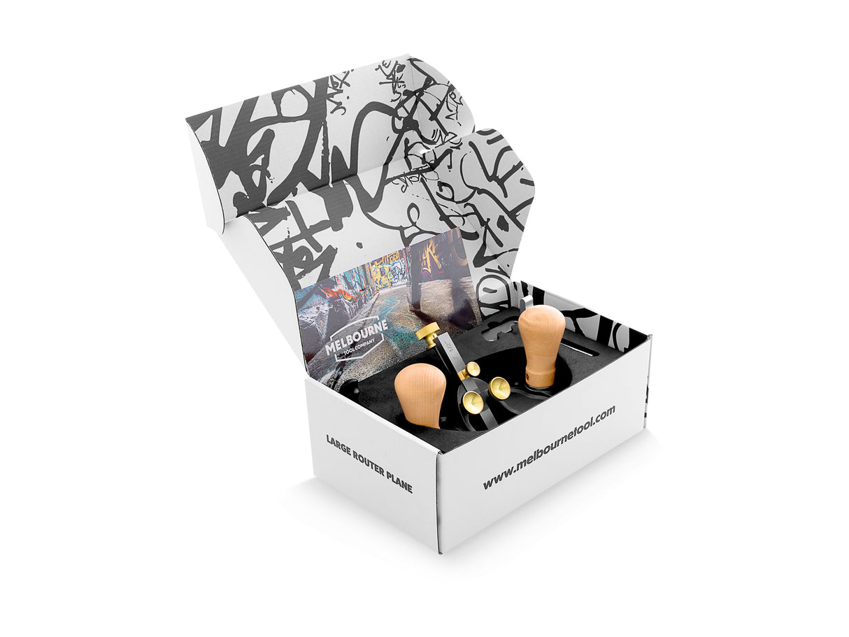 Melbourne Tool Company Large Router Hand Plane Grooving Tool in use on wood surface